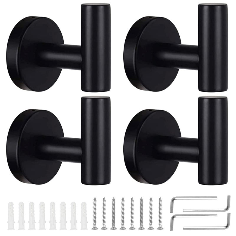 KissDate 4 Pack Towel Hooks, Wall Coat Hook Bathroom Matte Black Robe Hook SUS 304 Stainless Steel Heavy Duty Door Hanger Clothes Cabinet Closet Sponges Hook Shower Robe Hand Hooks for Bathroom - Image 1