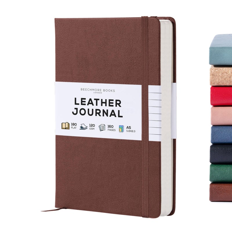 Beechmore Books دفتر ملاحظات بيشيمور المغلف، 5.8 × 8.3 بوصة، A5 160 صفحة مخططة، دفاتر جلدية صلبة للنساء والرجال، للكتابة والملاحظات للعمل - ورق سميك 120 جرام، صندوق هدايا متضمن (بني كستناء) - Image 1