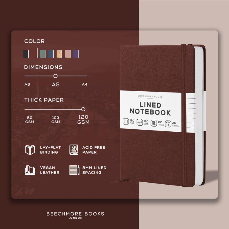 Beechmore Books دفتر ملاحظات بيشيمور المغلف، 5.8 × 8.3 بوصة، A5 160 صفحة مخططة، دفاتر جلدية صلبة للنساء والرجال، للكتابة والملاحظات للعمل - ورق سميك 120 جرام، صندوق هدايا متضمن (بني كستناء) - Image 2