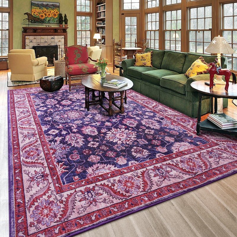 Rtizon Area Rugs for Living Room, Washable 5x7 Area Rug for Bedroom, Retro Floral Carpet with Non-Slip Rubber Backing for Girls's Beside Dorm Home Office Dining Room Kitchen, Blue and Purple - Image 1
