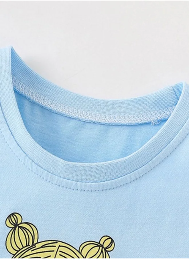 يونيكي Blue Crew Neck Short Sleeve Printed Top
