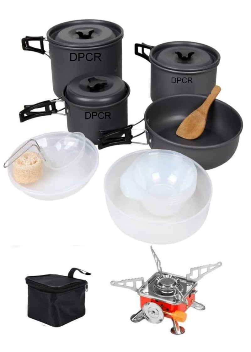 DPCR Camping Cooking Mess Kit with Gas Stove, Lightweight Hiking Cookware Set with Gas, Nonstick Aluminum Cooking Kit, Pot Pan Kettle Mess Kit with mini Gas Stove (4-5 Person) - Image 1