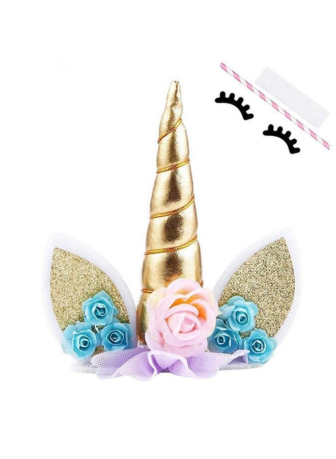 HASTHIP Handmade Gold Reusable Unicorn Horn Ears Eyelash Set Birthday Cake Topper for Decoration (5.8 Inch) - Image 1