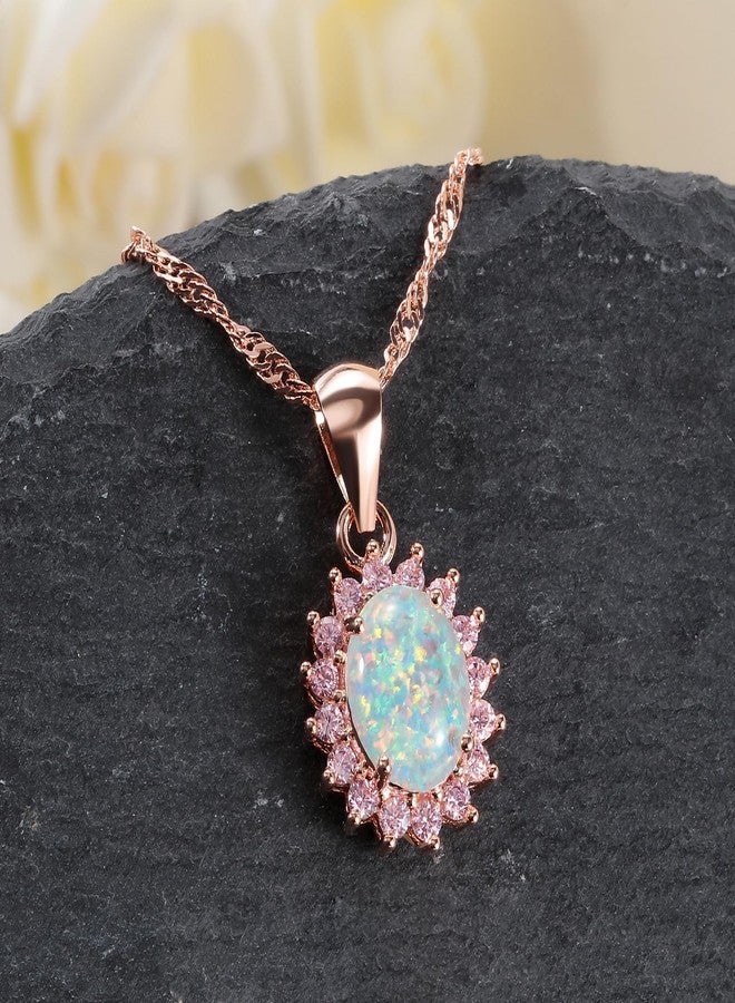 CiNily 14K White Gold Plated Opal Pendant Necklace-Flower/Oval Shap Necklace Gemstone Women Girls Jewelry Gift, Rose Gold Plated Brass, created opal and cubic zirconia - Image 4