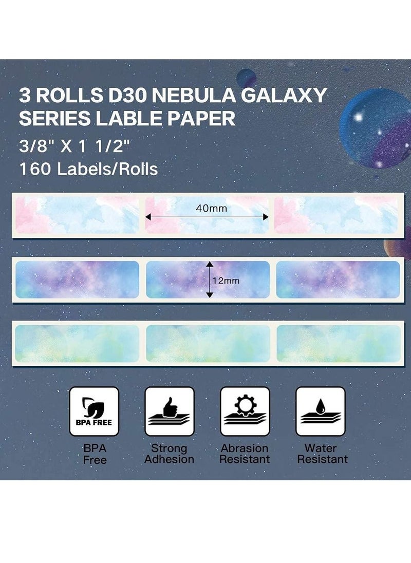 KASTWAVE - Compatible with Phomemo D30 Adhesive Nebula/Galaxy Series Pattern Paper, 3/8"*1 1/2"(12mm X 40mm), 160 Labels/Roll, For D30 Label Maker Machine, 3 Rolls - Image 1