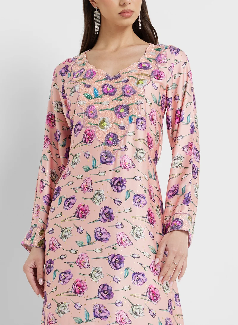 ARABIAN CLOSET Embellished Belted Jalabiya
