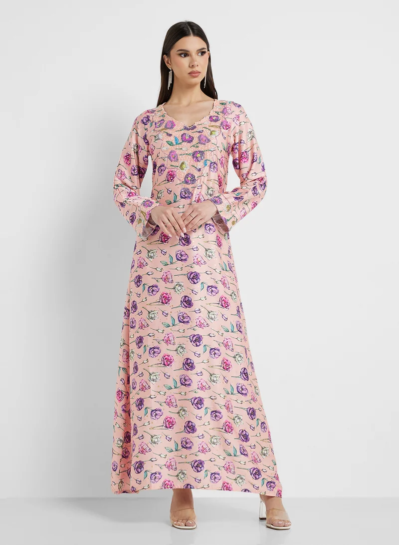 ARABIAN CLOSET Embellished Belted Jalabiya