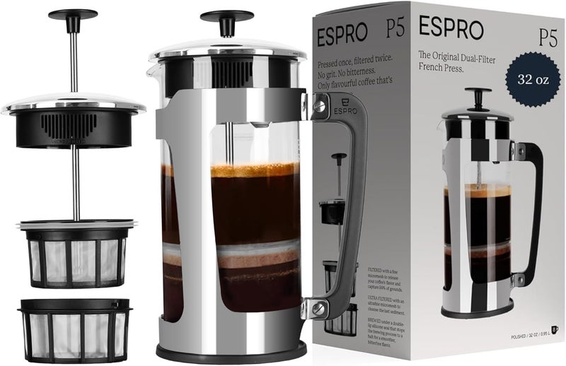 ESPRO P5 French Press Coffee Maker – Patented Double MicroFilter for Grit Free Brew, Heat-Resistant Thicker Borosilicate Glass Coffee Press Easy Clean Design – 32 oz - Image 1