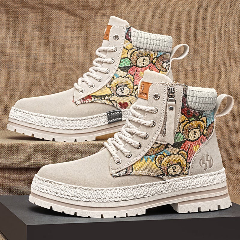 Men'S High-Top Martin Boots With Straw Woven Thick Soles, Work Boots, British Outdoor Motorcycle Live Broadcast Men'S Ankle Boots - Image 3