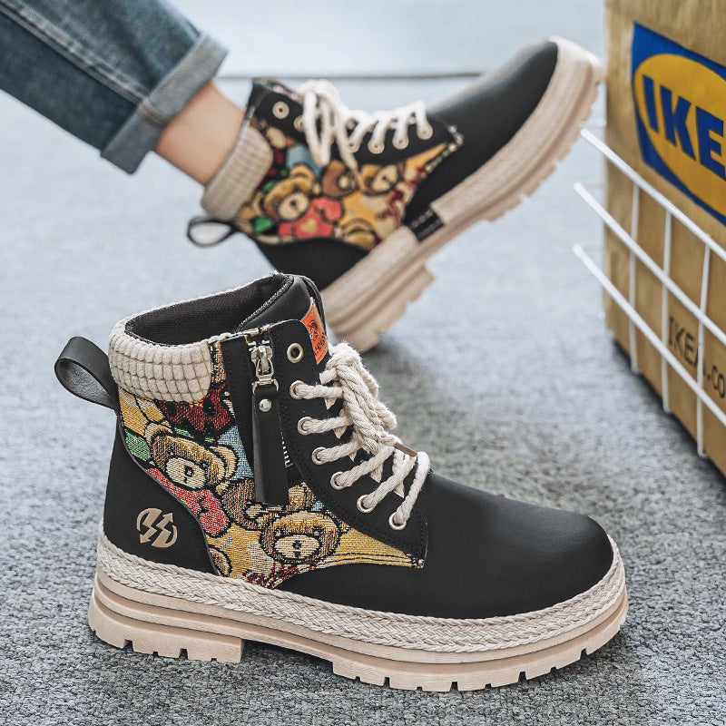 Men'S High-Top Martin Boots With Straw Woven Thick Soles, Work Boots, British Outdoor Motorcycle Live Broadcast Men'S Ankle Boots - Image 4