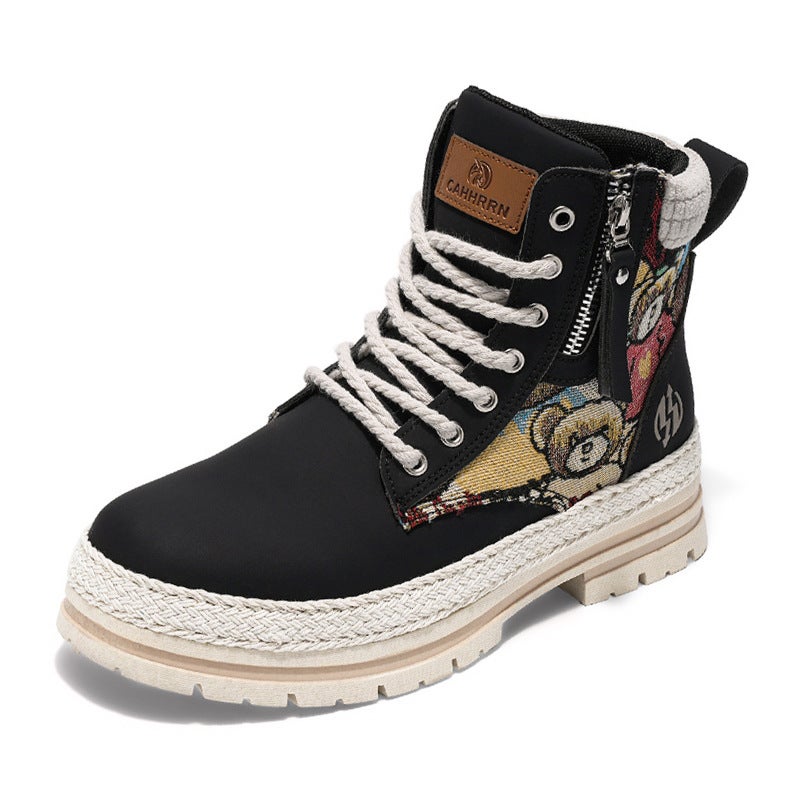 Men'S High-Top Martin Boots With Straw Woven Thick Soles, Work Boots, British Outdoor Motorcycle Live Broadcast Men'S Ankle Boots - Image 1