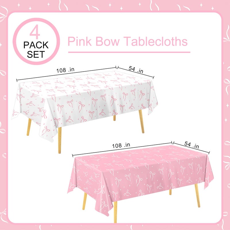 QIYANPAX 4 Pack Pink Bow Tablecloth, Coquette Birthday Decorations, Bow Disposable Table Cover for Wedding Engagement Bridal Birthday Decorations, 54 x 108 Inch - Image 2