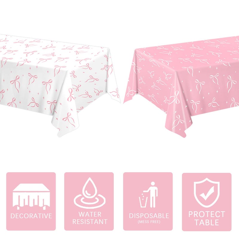 QIYANPAX 4 Pack Pink Bow Tablecloth, Coquette Birthday Decorations, Bow Disposable Table Cover for Wedding Engagement Bridal Birthday Decorations, 54 x 108 Inch - Image 3