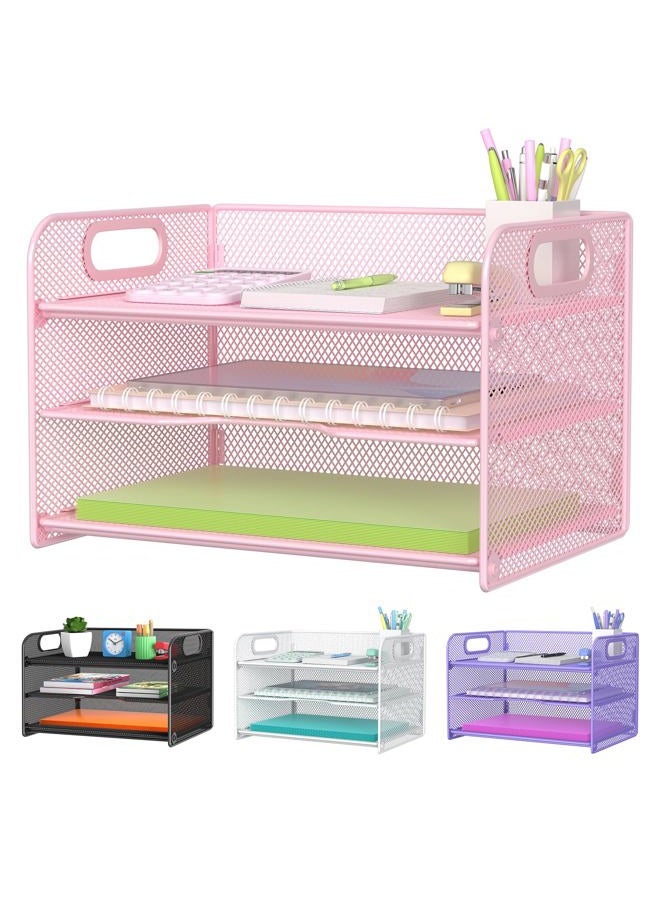 Samstar 3 Tier Purple Letter Tray Paper Organizer with Handle, Mesh Desk Organizer Paper Sorter File Rack Shelves, Purple - Image 1