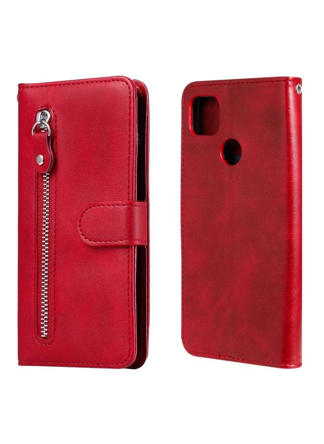 HuHa Case Cover For Xiaomi Redmi 9C Fashion Calf Texture Zipper Horizontal Flip Leather Case with Stand & Card Slots & Wallet Function Red 