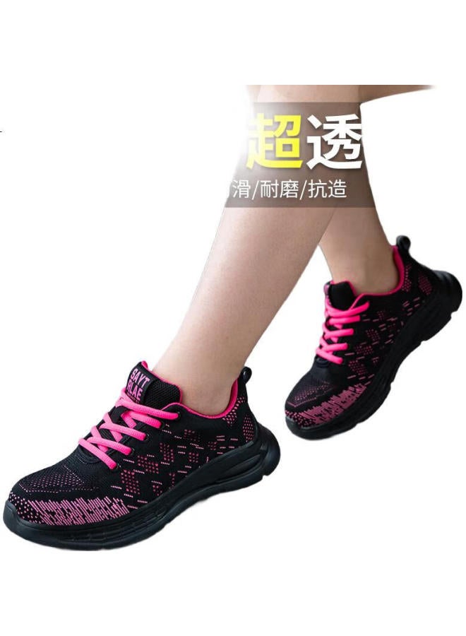 Old housekeeper Laoguanjia Safety Shoes For Women, Ultra-Light Flyknit Breathable Steel Toe Anti-Smashing Anti-Puncture Comfortable Women'S Special Small Size Rubber-Plastic Solid Sole Wear-Resistant Safety Work Functional Shoes Sports 278 Black And Red 34 - Image 2