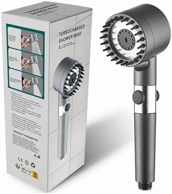 Maykela High Pressure Shower Head with Four Spray Modes, Silicone Massage Brush, and One-Touch Water Stop - Image 3