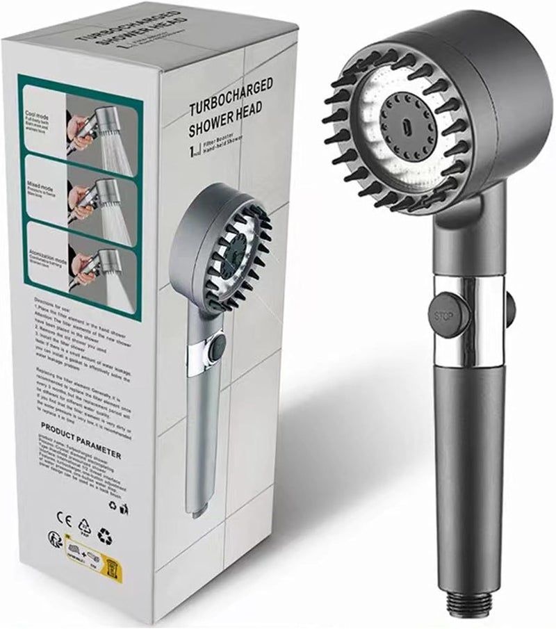 Maykela High Pressure Shower Head with Four Spray Modes, Silicone Massage Brush, and One-Touch Water Stop - Image 1