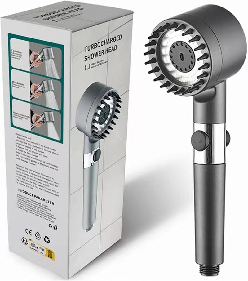 Maykela High Pressure Shower Head with Four Spray Modes, Silicone Massage Brush, and One-Touch Water Stop - Image 2