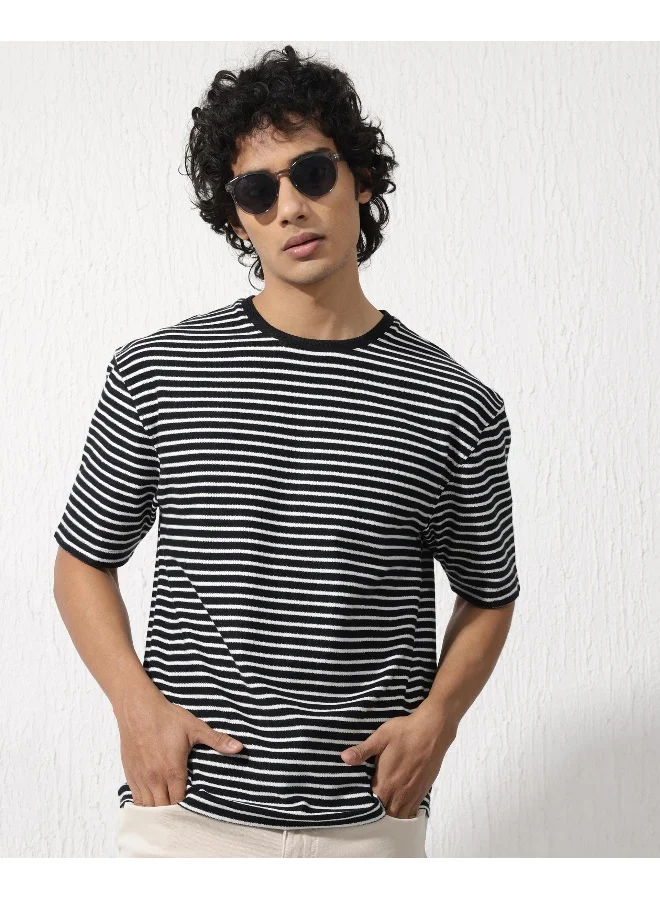 Rare Rabbit Rare Rabbit Mens Paskot Navy Short Sleeve Stripe Print Oversized T-Shirt