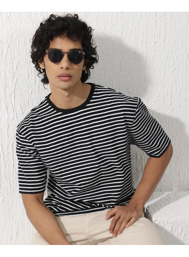 Rare Rabbit Rare Rabbit Mens Paskot Navy Short Sleeve Stripe Print Oversized T-Shirt