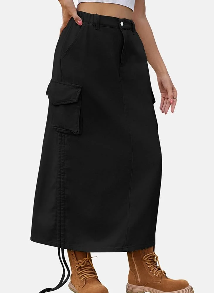 يونيكي Black Mid Rise Plain Midi Skirt