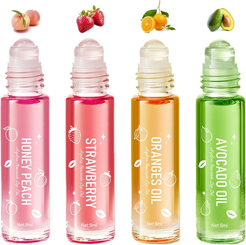 4 Pcs Hydrating Lip Gloss Fruit Flavored Lip Oil Long Lasting Glow Balm Care Roll On Lip Gloss Set Transparent Plumping Lipgloss for Teens and Kids Lipstick Moisturizing Lip Balm for Women Girl