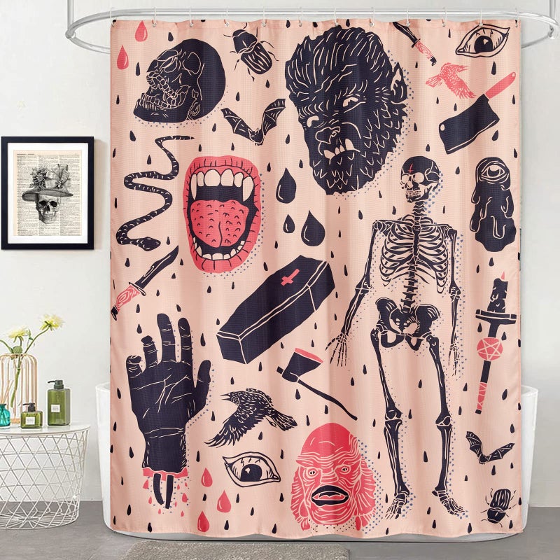 Estmy Vintage Halloween Shower Curtain Set Blush Heavy Duty Waffle Fabric Creepy Gothic Skeleton Skulls Bats Fun Cute Halloween Themed Shower Curtains with Hooks Scary Spooky Horror Bathroom Decor
