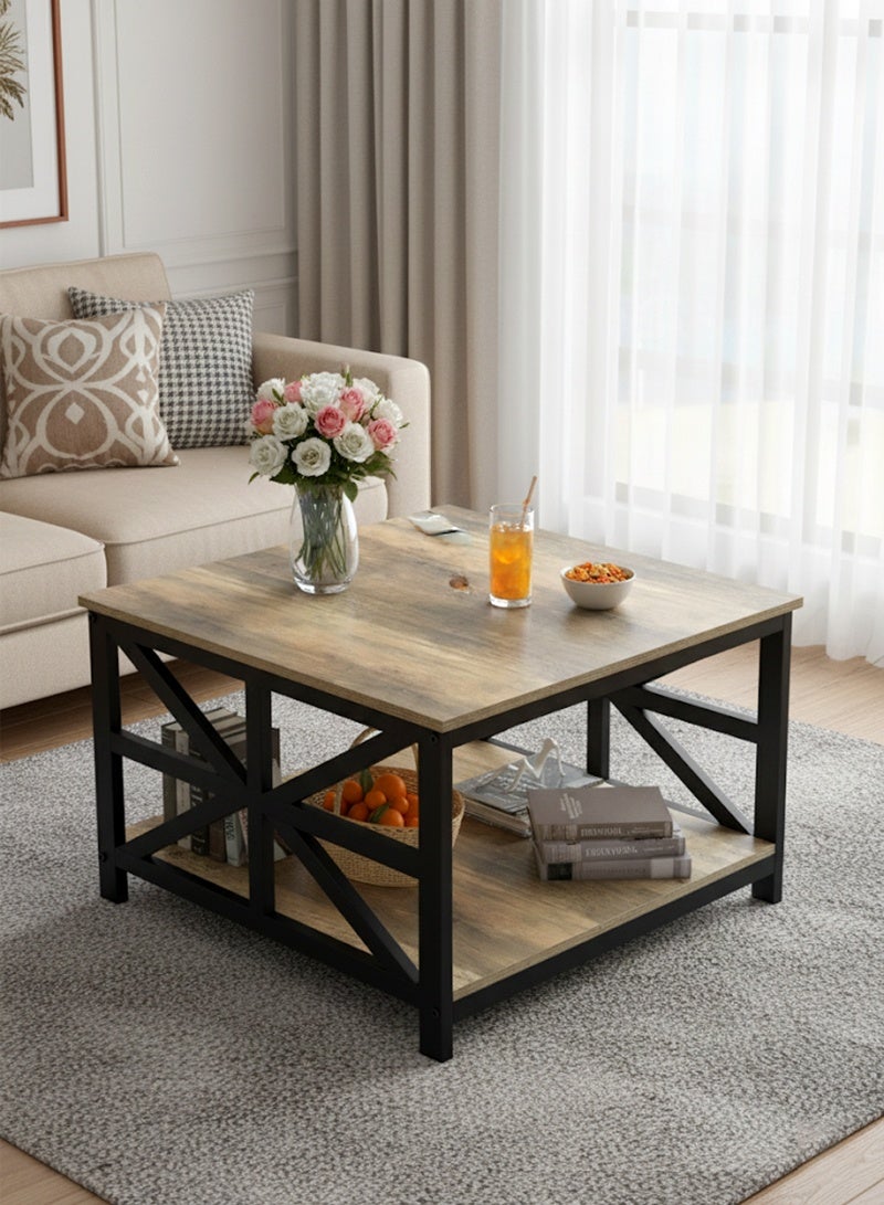 AGD Square Center Table for Living Room, Two-Tier Coffee Table, Rustic Design and Storage Space 70x45 cm/ gray - Image 3