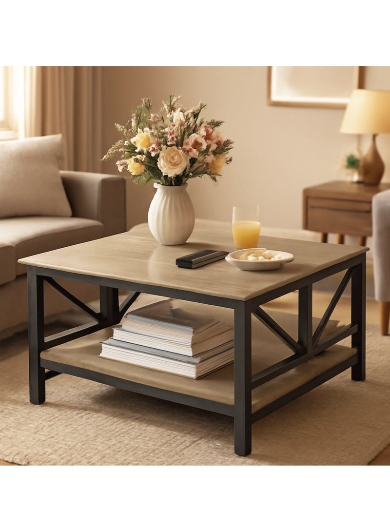 AGD Square Center Table for Living Room, Two-Tier Coffee Table, Rustic Design and Storage Space 70x45 cm/ gray - Image 2