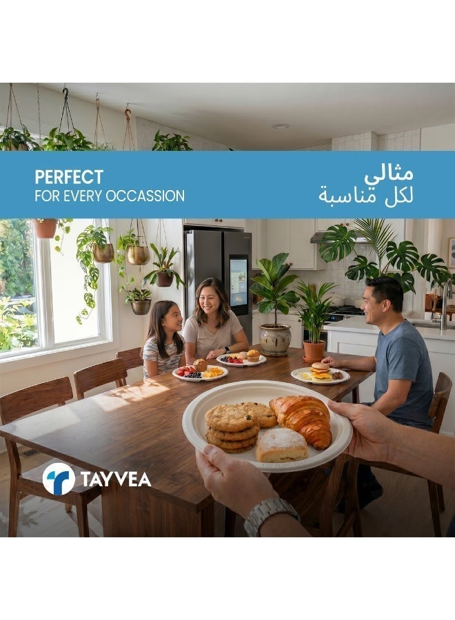 Tayvea 7" Bagasse Plates | 100% Compostable Sugarcane Plates | Microwaveable, Ovenable & Freezer Safe | Food-Grade Eco Disposable Plates | Pack of 25 - Image 4