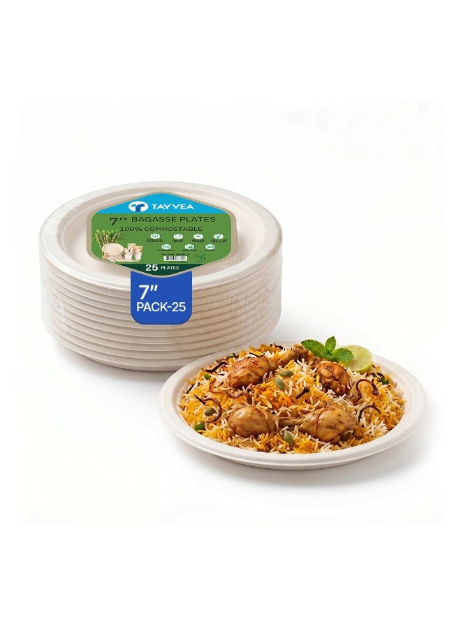 Tayvea 7" Bagasse Plates | 100% Compostable Sugarcane Plates | Microwaveable, Ovenable & Freezer Safe | Food-Grade Eco Disposable Plates | Pack of 25 - Image 1