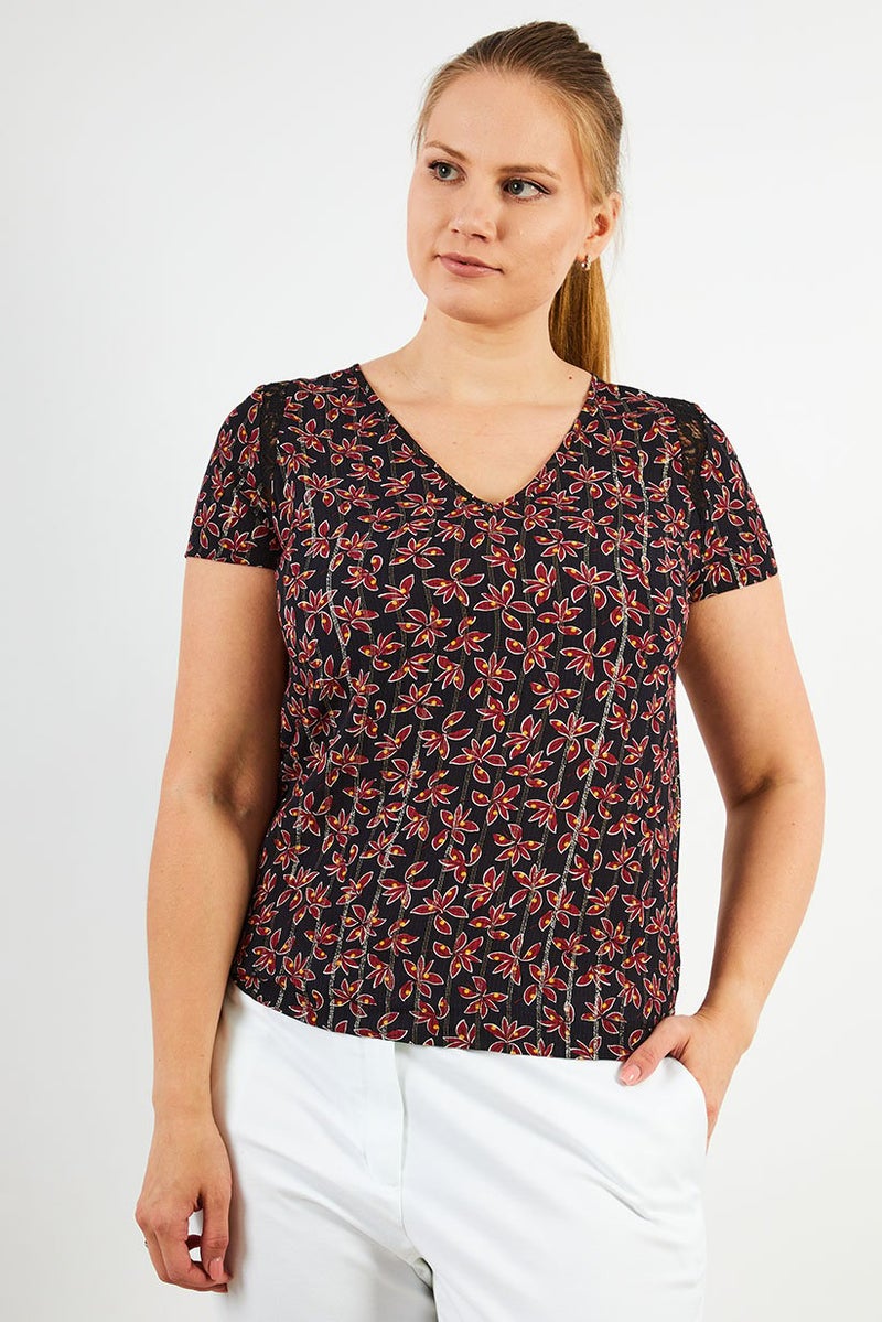 IKKS Women V-Neck Short Sleeves Allover Print Top, Multicolor - Image 1