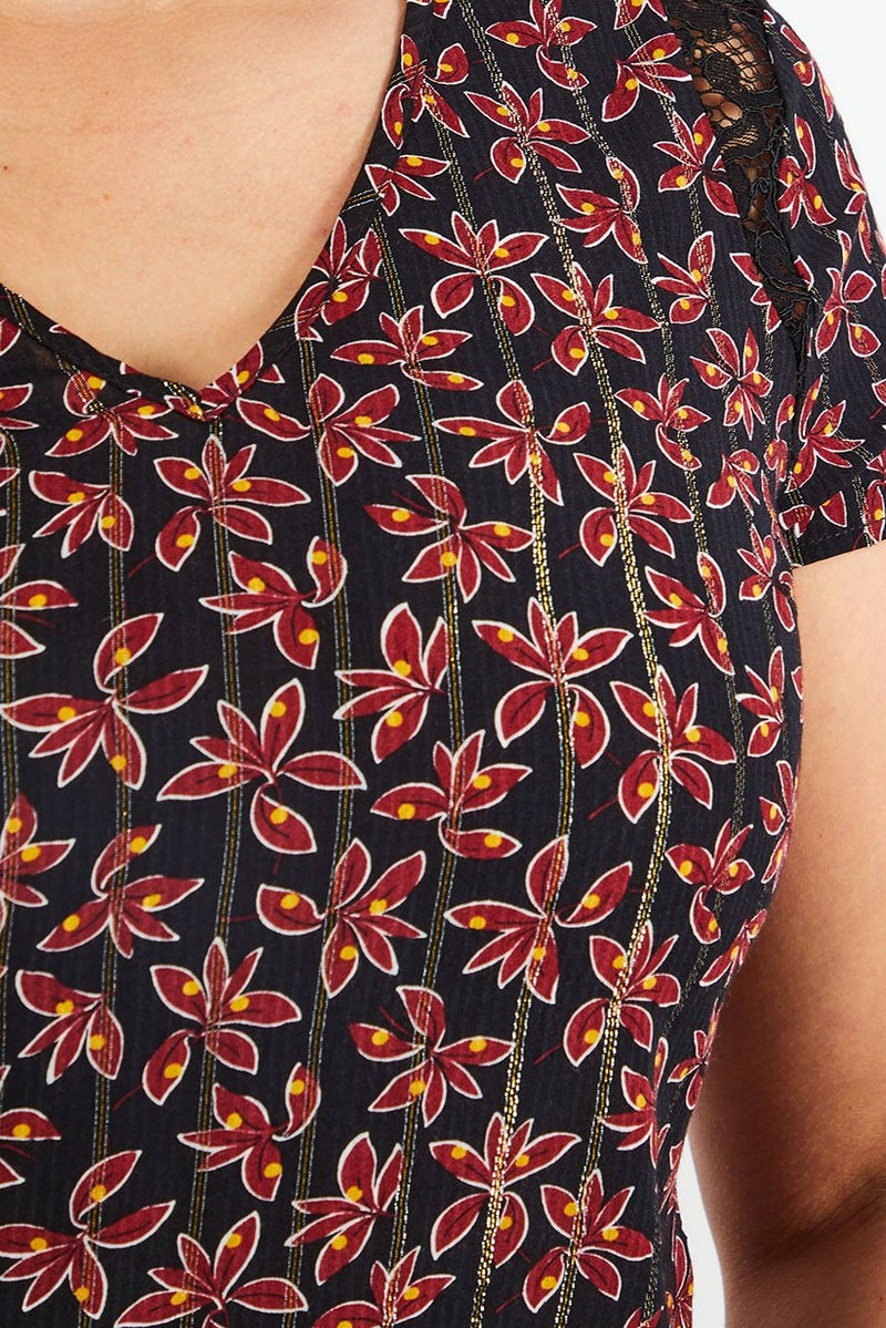 IKKS Women V-Neck Short Sleeves Allover Print Top, Multicolor - Image 2