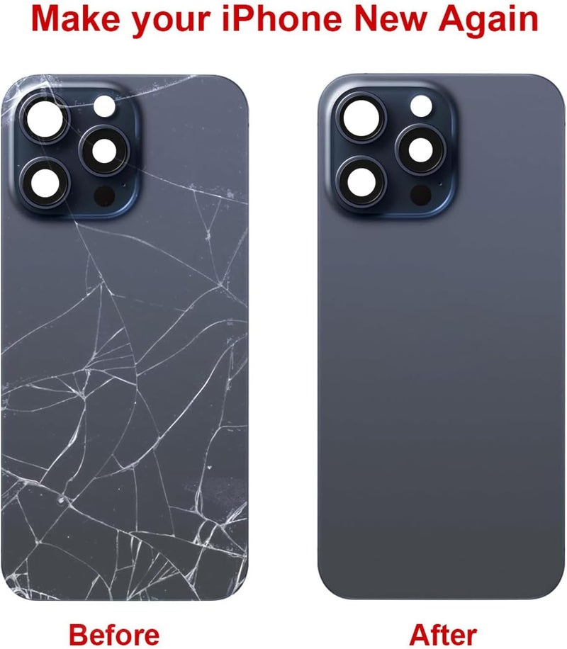 Perzework استبدال الزجاج الخلفي لجهاز iPhone 15 Pro Max 6.7 بوصة + لوحة مثبتة مسبقًا وإطار كاميرا وعدسة + مجموعة أدوات إصلاح (تيتانيوم أزرق) - Image 5