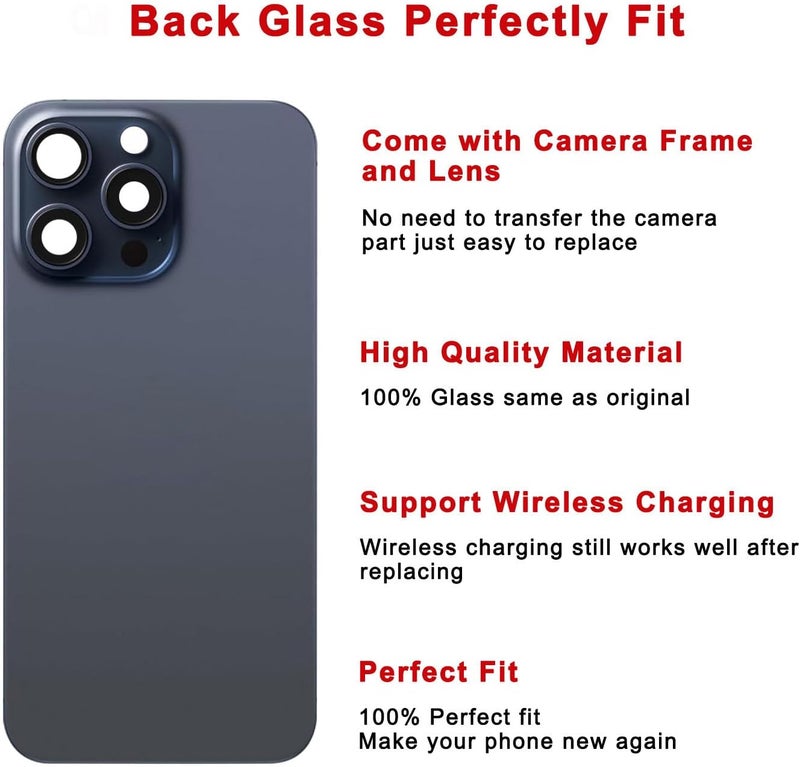 Perzework استبدال الزجاج الخلفي لجهاز iPhone 15 Pro Max 6.7 بوصة + لوحة مثبتة مسبقًا وإطار كاميرا وعدسة + مجموعة أدوات إصلاح (تيتانيوم أزرق) - Image 3