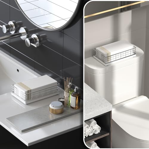 Wican Guest Towel Holder Tray for Bathroom, Oak and Iron Napkins Holder for Powder Room Dinning Table Wooden Basket for Disposable Paper Hand Towels Silvery and White - Image 2