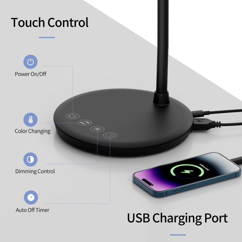 AXX TU08 LED Small Desk Lamp with USB Charging Port, 650 Lumens 3-Color Modes, 5-Touch Dimming, 30/60-Minute Timer, 18-Inch Black Table Light for Reading, Home Office, College Dorm Room Accessories - Image 4