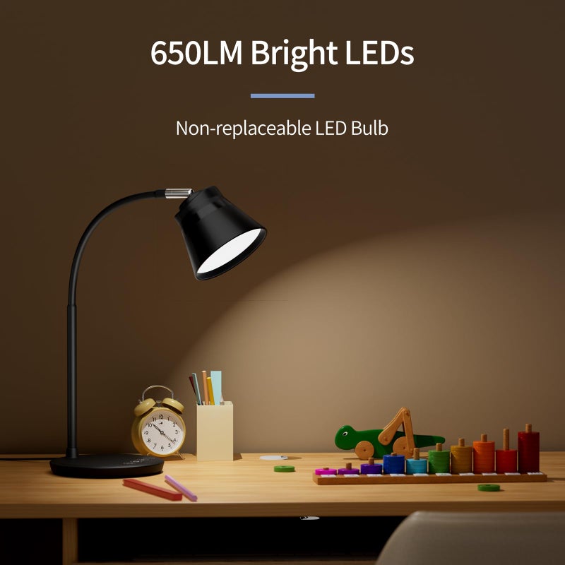 AXX TU08 LED Small Desk Lamp with USB Charging Port, 650 Lumens 3-Color Modes, 5-Touch Dimming, 30/60-Minute Timer, 18-Inch Black Table Light for Reading, Home Office, College Dorm Room Accessories - Image 2