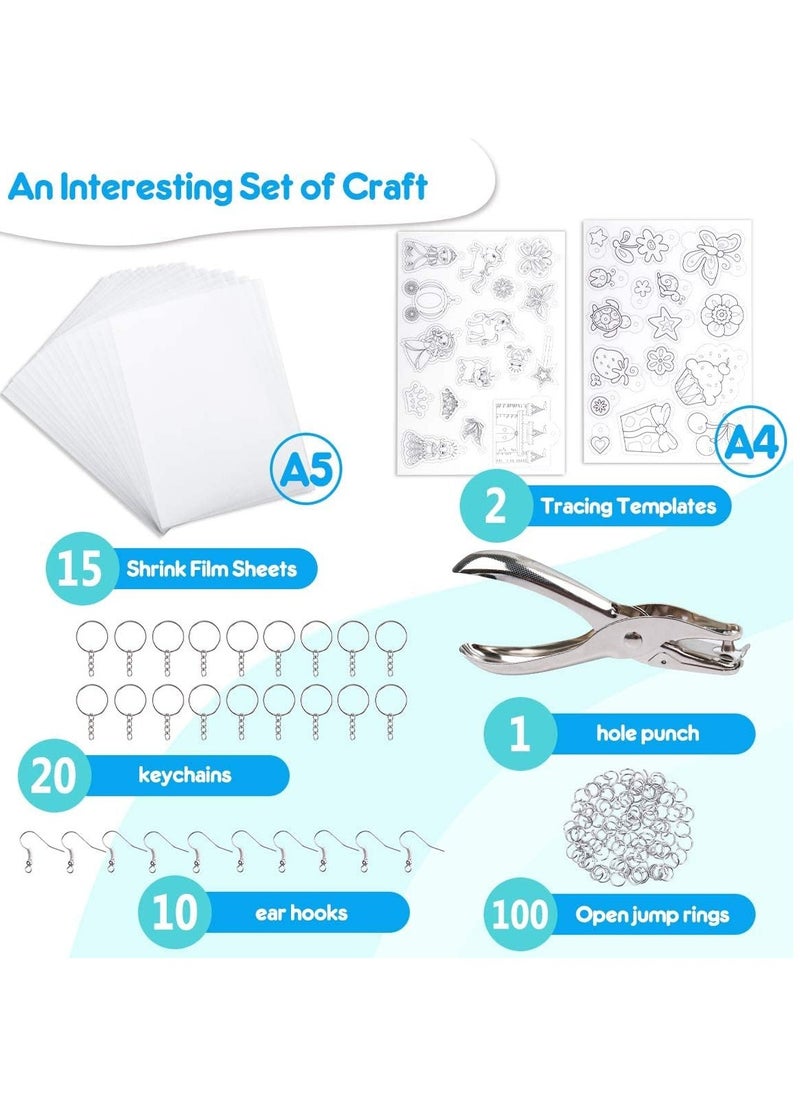 148pcs Heat Shrink Plastic Sheet DIY Craft Kit Heat Shrinky Paper Clear Frosted Shrink Films Includes Shrinkable Paper Keychain Earring Accessories for Kids Art and Craft Activity