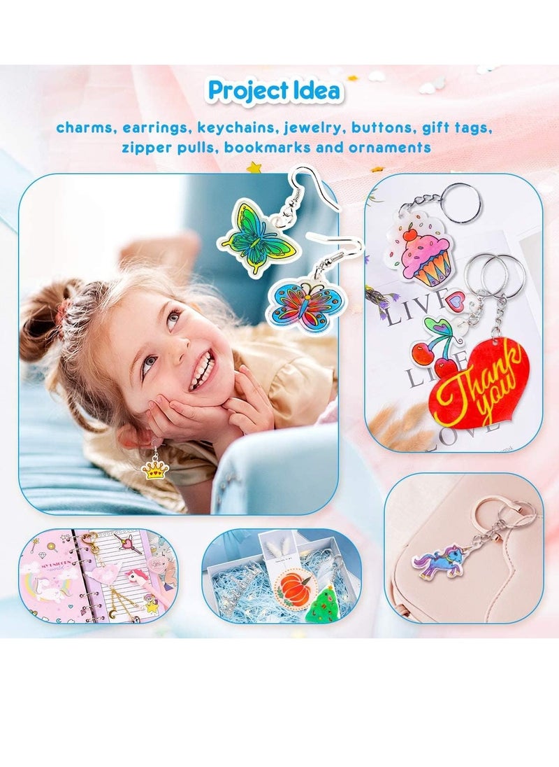 148pcs Heat Shrink Plastic Sheet DIY Craft Kit Heat Shrinky Paper Clear Frosted Shrink Films Includes Shrinkable Paper Keychain Earring Accessories for Kids Art and Craft Activity