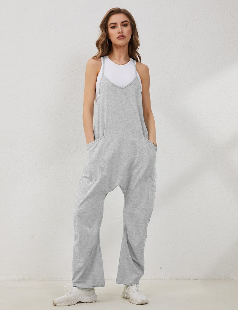 Lentta Women's Causal Jumpsuits V Neck Sleeveless Harem Overalls Stretchy Adjustable Strap Romper with Pockets(LightGrey-S) - Image 3