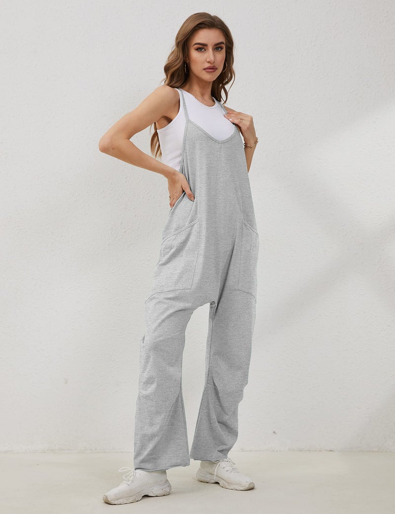 Lentta Women's Causal Jumpsuits V Neck Sleeveless Harem Overalls Stretchy Adjustable Strap Romper with Pockets(LightGrey-S) - Image 5