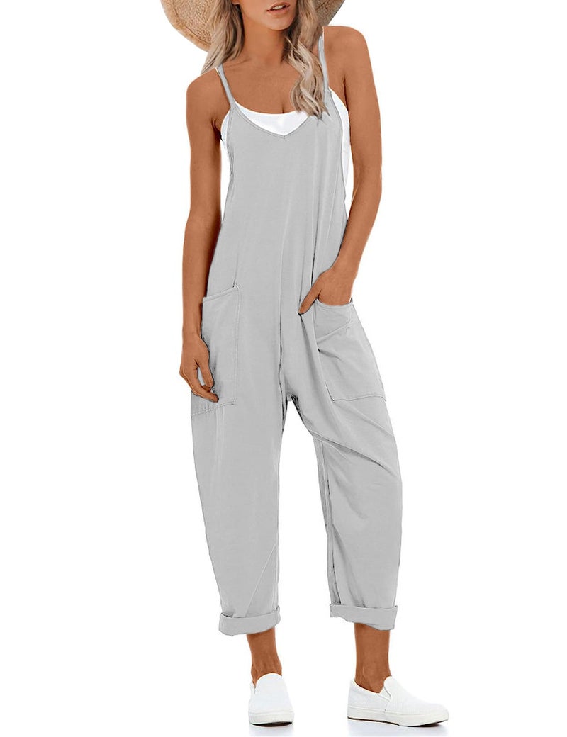 Lentta Women's Causal Jumpsuits V Neck Sleeveless Harem Overalls Stretchy Adjustable Strap Romper with Pockets(LightGrey-S) - Image 1