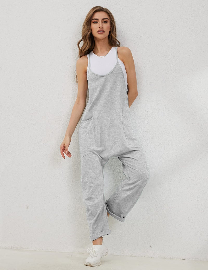 Lentta Women's Causal Jumpsuits V Neck Sleeveless Harem Overalls Stretchy Adjustable Strap Romper with Pockets(LightGrey-S) - Image 2