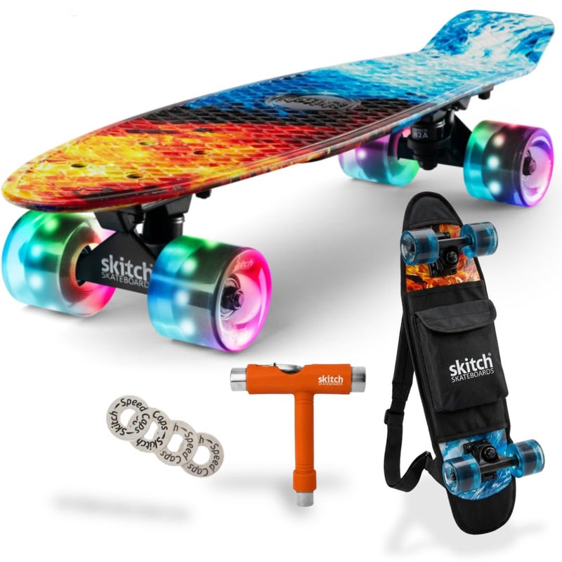 SKITCH Complete Skateboard for Kids Ages 46 Year Old Beginners Boys Children Youth Gift Set 22 Inch Penny Board Mini Cruiser ABEC 9 Bearings Skateboards Backpack Bag Skate Tool Wildfire Blaze LED - Image 2