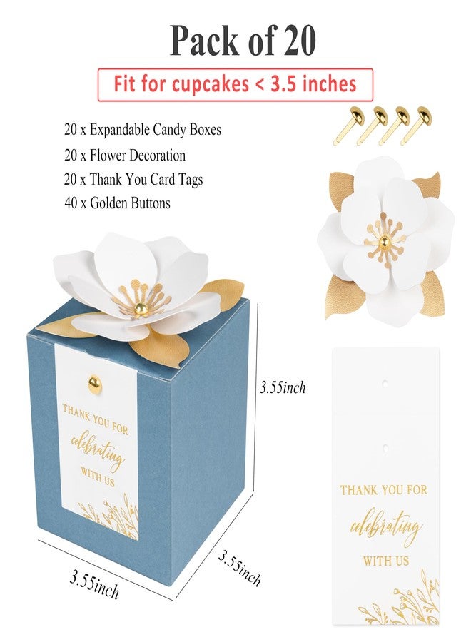 FEIYI 20 PCS Favor Boxes, 3 In 1 Candy Boxes with Floral Decor, White Thank You Tags Gift wrapping for Wedding, Baby Shower, Birthday, Decorations Party (Dusty Blue, 3.55x3.55x3.55) - Image 2