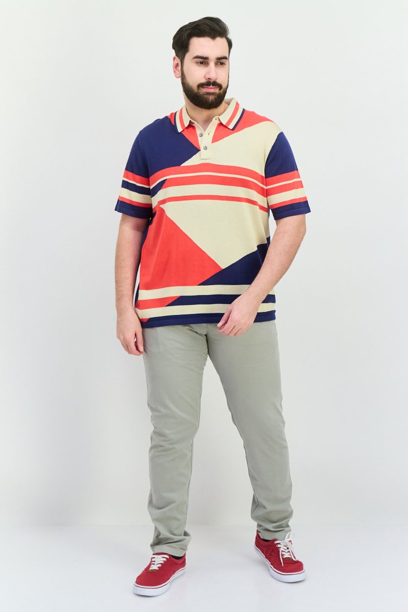 PERRY ELLIS بولو رجالي بقصة عادية بأكمام قصيرة مخططة، بيج - Image 4