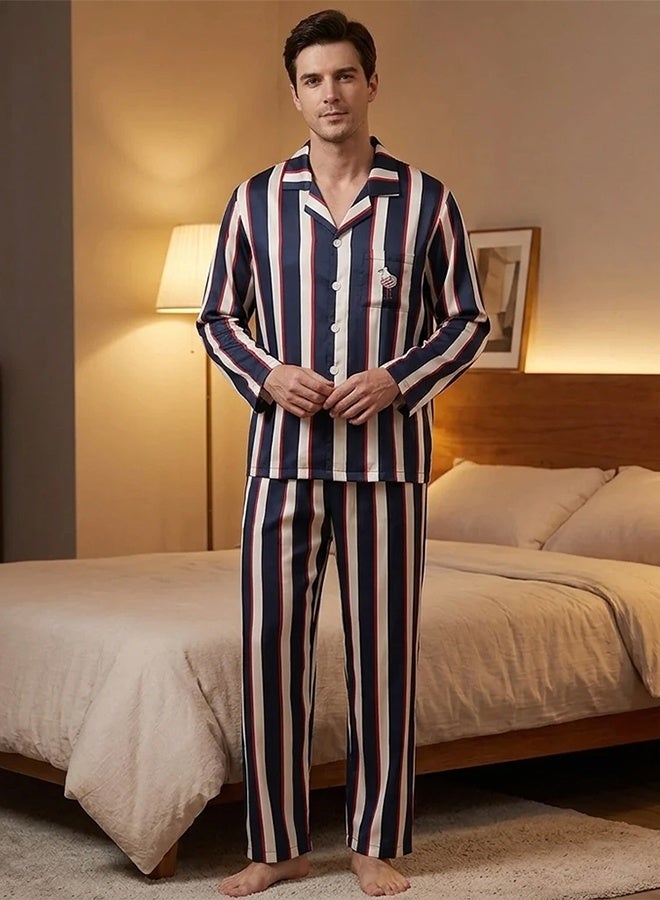 MARGOUN (XL حجم) طقم بيجامة مخطط للرجال - قميص بأكمام طويلة مع أزرار وسروال طويل للنوم - ملابس مريحة بملمس حرير ناعم مع تصميم قطة لطيف - طقم نوم مكون من قطعتين - أزرق - Image 4