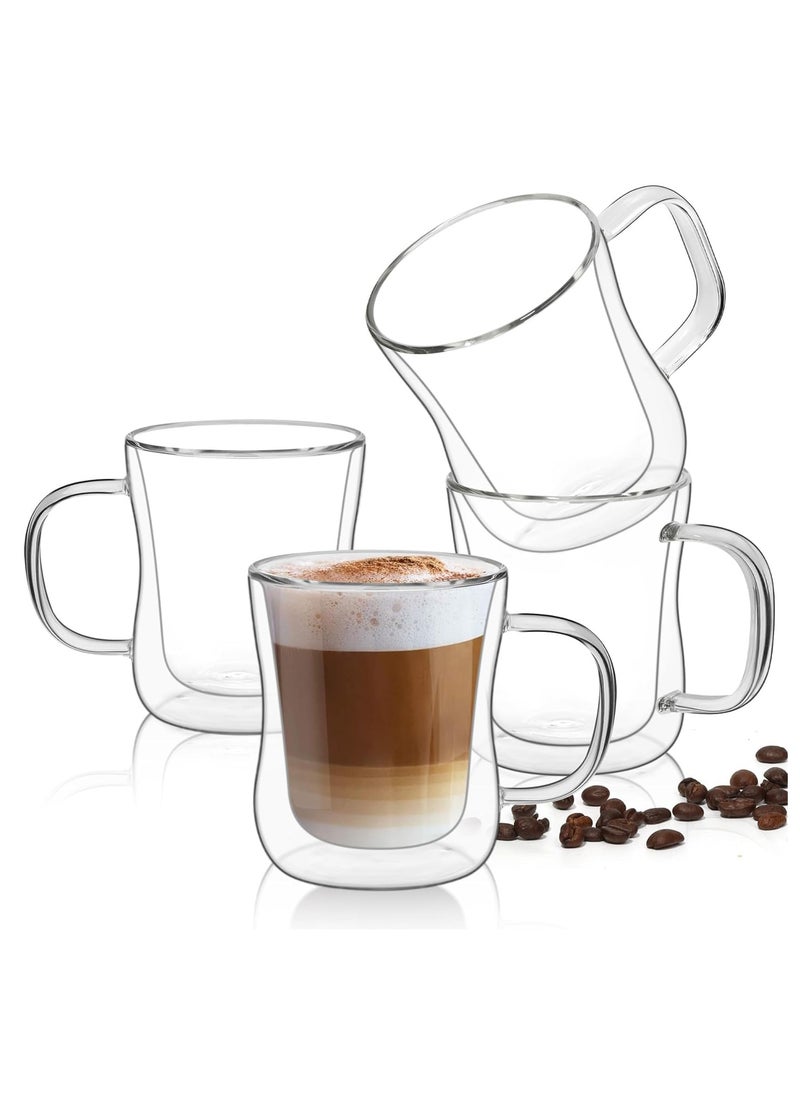 TYCOM Double Walled Glass Coffee Mugs 300ml, 4 Packs Thermal Insulated Borosilicate Glass Cups with Handle for Tea, Coffee, Latte, Cappuccino, Hot and Cold Drinks Beverages  - Image 1